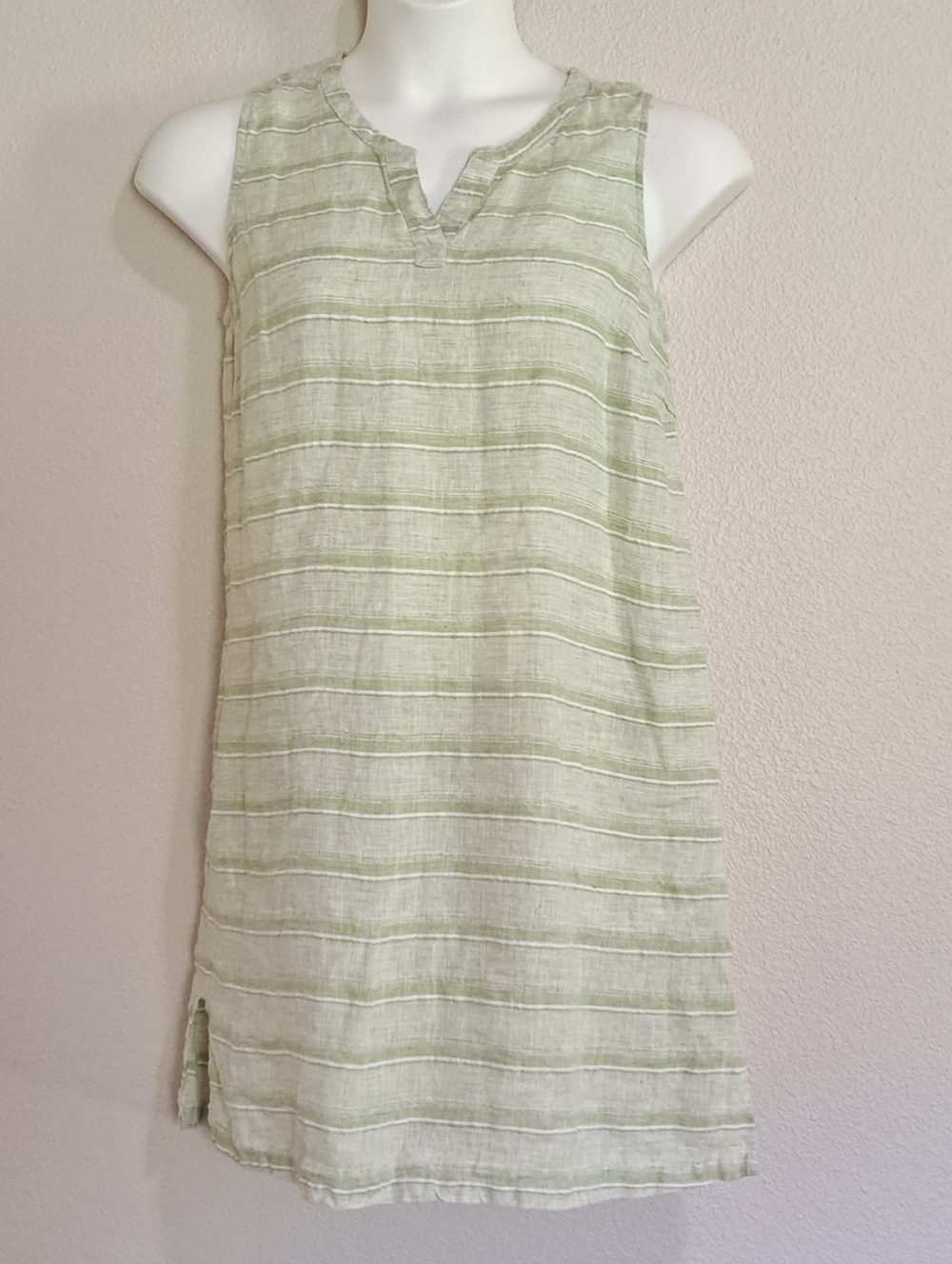 Habitat 100% Linen Green Striped Dress Medium Lagenlook